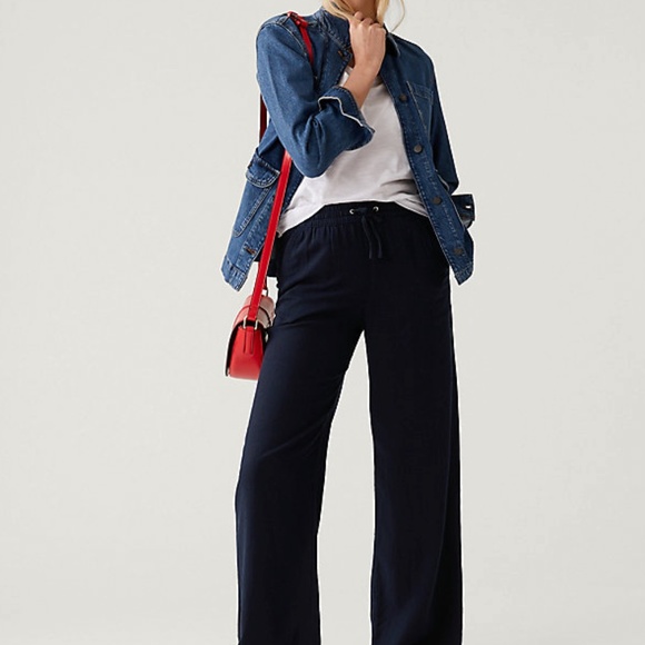 Marks & Spencer Women Linen Wide Leg Pant Black Drawstring Pockets Uk 18 US 14 - Picture 2 of 8